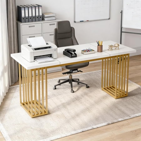 Toauuo White & Gold Elegant Office Desk - Modern Executive/Computer Desk, 220LBS Capacity Thick Wood Desktop Metal Legs, Multi-Purpose Study/Dining Table for 6-8, Adjustable Pad