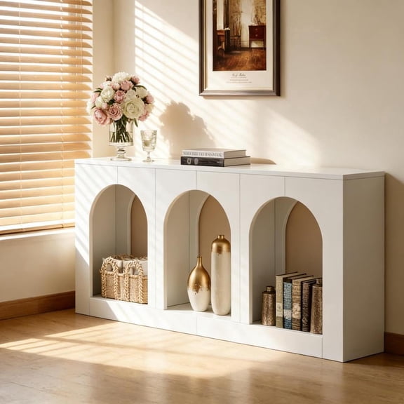 Toauuo White Stylish Arches Console Table - Stable Entryway/Side Table, 3 Arched Cutouts & Open Shelves, Spacious Storage Display, Sturdy MDF Construction