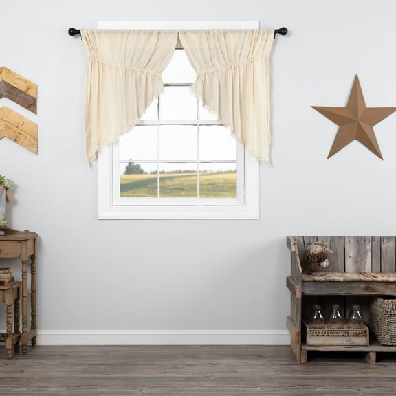 VHC Brands Tobacco Cloth Collection Farmhouse Kitchen100% Cotton Country Window Curtains-Fringed Prairie Swag Pair, 2 pc Set, Natural