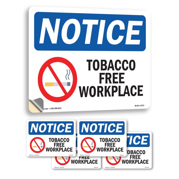Tobacco Free Workplace OSHA Notice Vinyl Decal Label 18 Inch x 12 Inch - 5 Pack