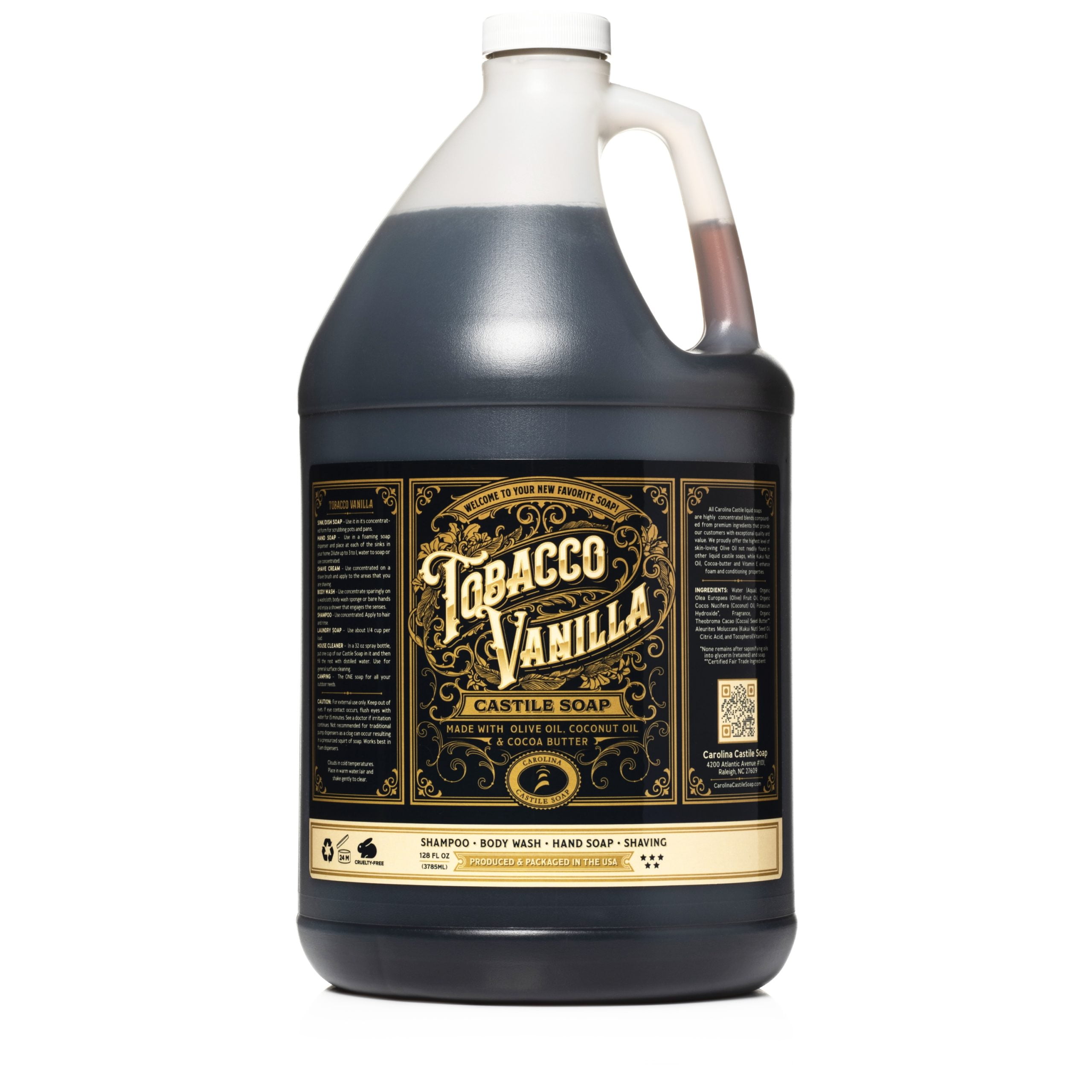 Organic Vegan Tobacco Vanilla Castile Soap 1 Gallon Pure & NonDrying