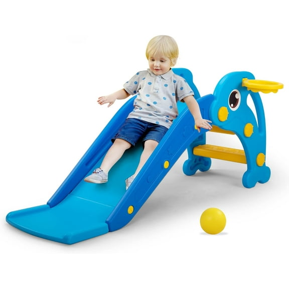 Tobbi 3 in 1 Toddler Slide Plastic Kids Slide with Climb Stair, Basketball Hoop, Ball, Indoor Outdoor Games Fun Activity Playground Toy for Boys Girls, Blue Dolphin