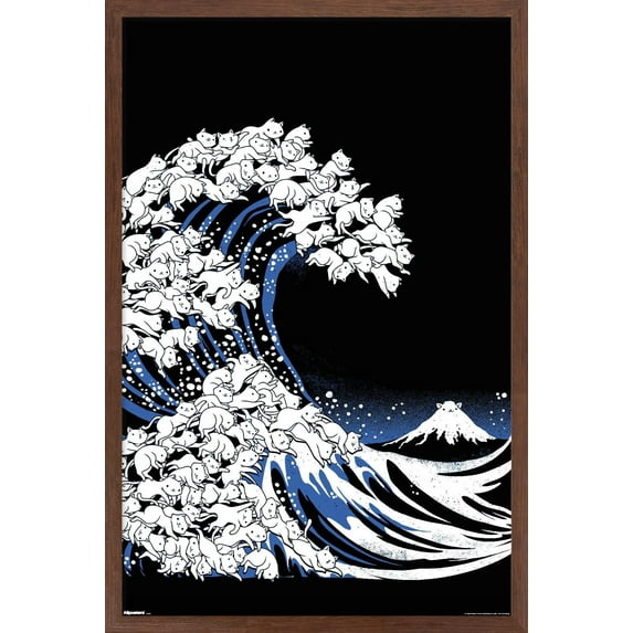 Tobe Fonseca - Kanagawa Cat Wave Wall Poster, 14.725" x 22.375" Framed