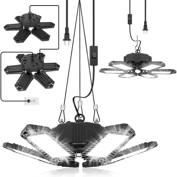 Toberich 2 Pack Plug in Garage Light, Upgraded 200W 20000LM Linkable LED Shop Light, 6500K Ceiling Lights w/ 6 Deformable Panels for Garage, Warehouse, Barn, Basement (Built-in ON/Off Switch)