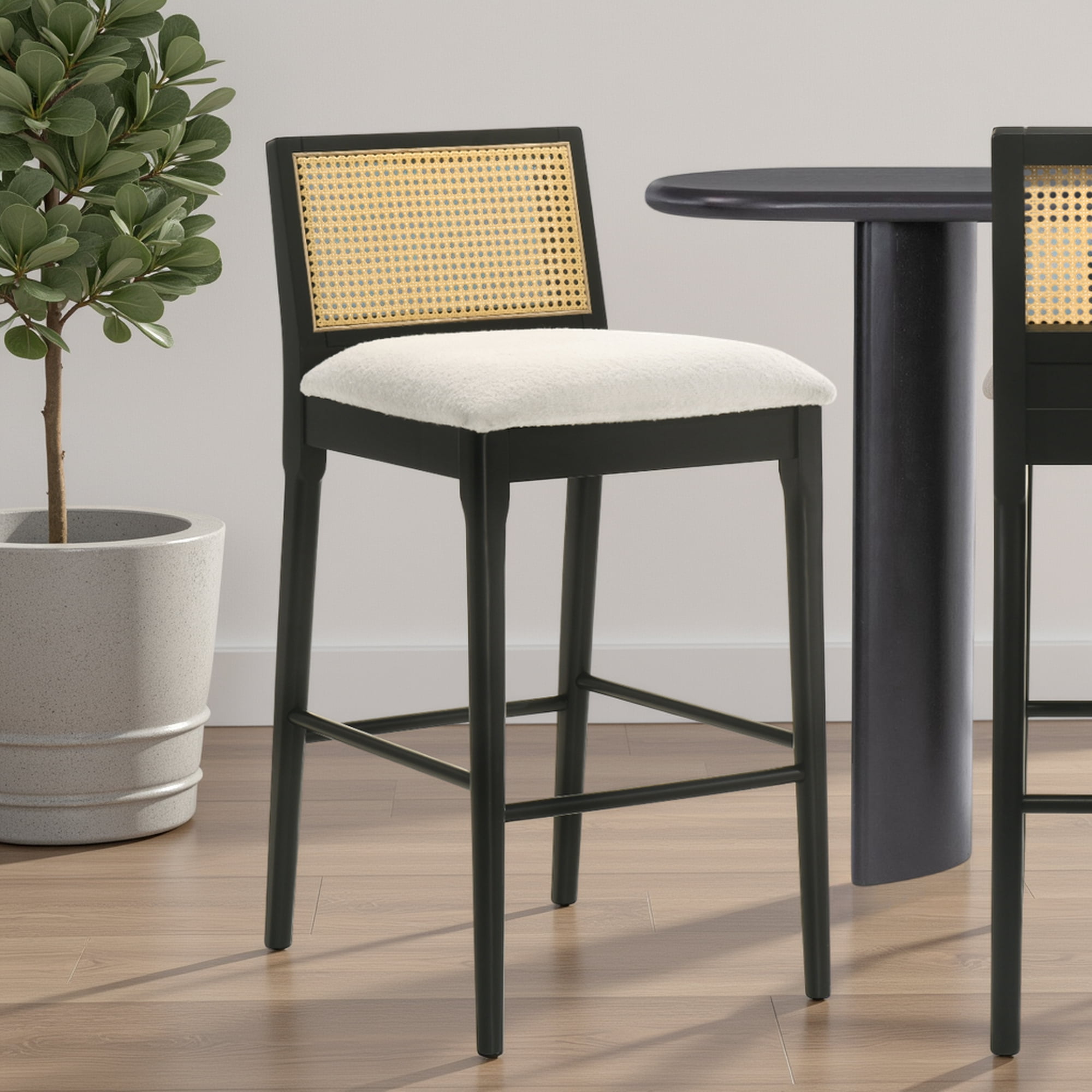 Tobias Coastal Modern Wood Bar Height Kitchen Bar Stool in Black Finish with White Boucle Fabric Upholstered Seat
