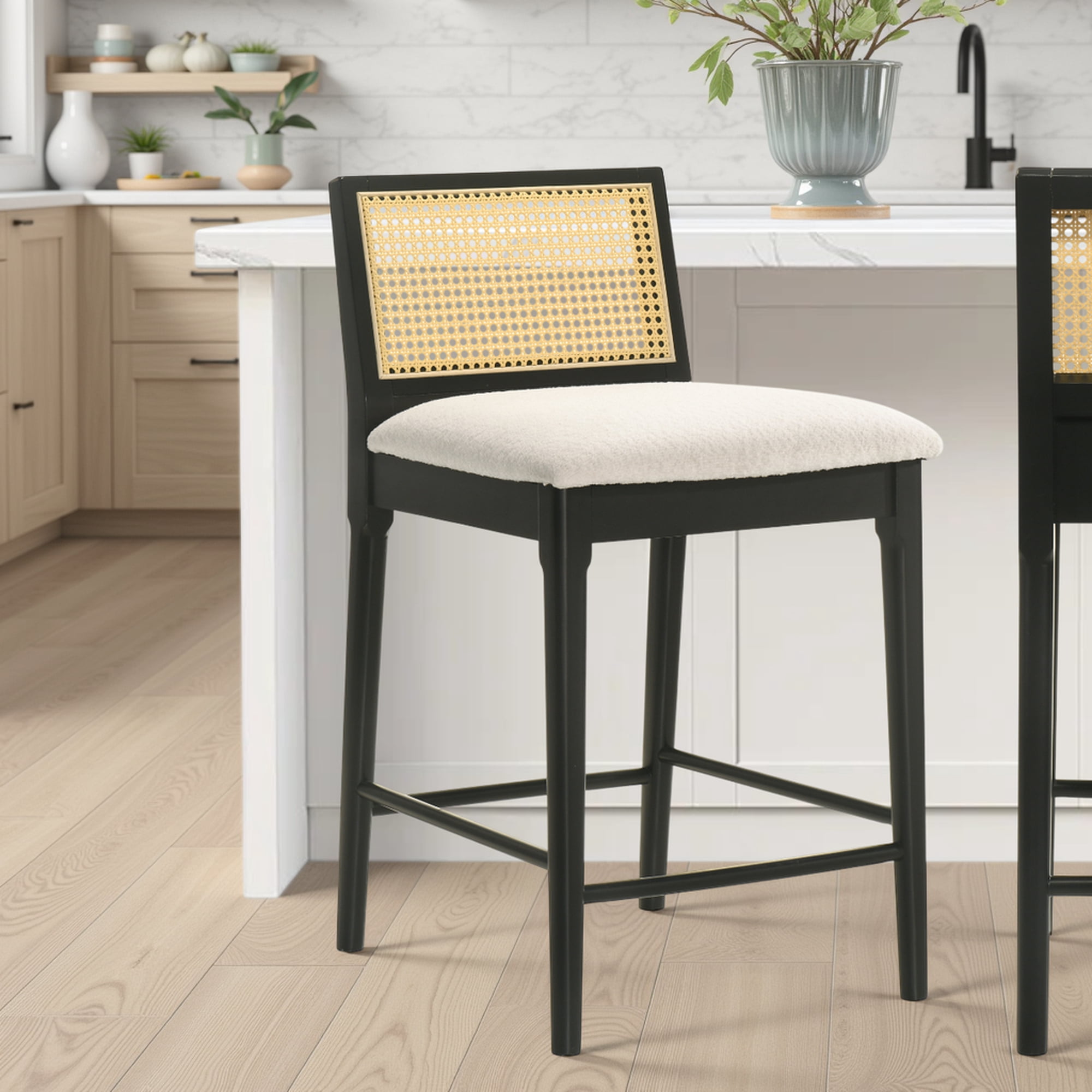 Tobias Coastal Modern Wood Counter Height Kitchen Bar Stool in Black Finish with White Boucle Fabric Upholstered Seat - Set of 3