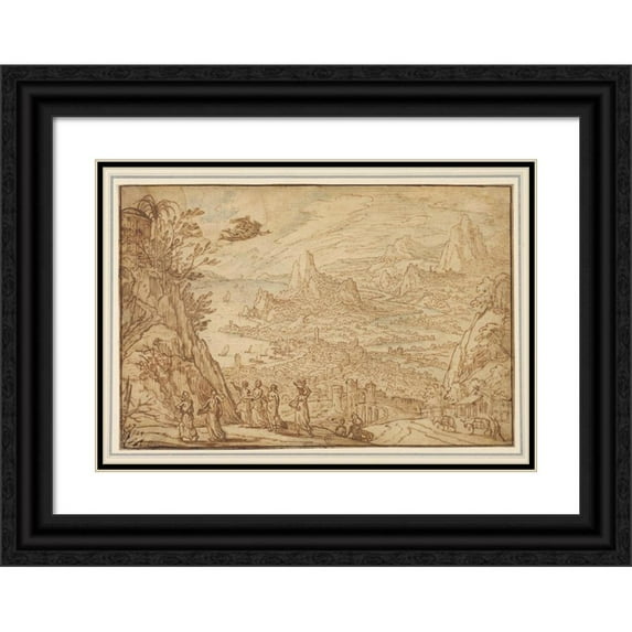 Tobias Verhaecht 18x14 Black Ornate Wood Framed Double Matted Museum Art Print Titled - An Extensive Estuary Landscape with the Story of Mercury and Herse (1610)