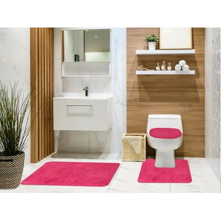 Tobin 3 Piece Bathroom Rug Set, Bath Mat, Contour Rug, Toilet Seat Lid Cover, Non-Slip Rubber Back, Floor Mats, Water Absorbent, Low Pile- Fuchsia