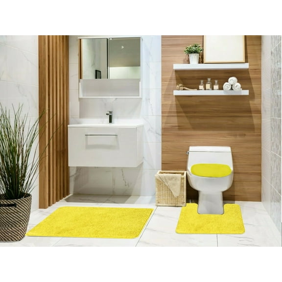 Tobin 3 Piece Bathroom Rug Set, Bath Mat, Contour Rug, Toilet Seat Lid Cover, Non-Slip Rubber Back, Floor Mats, Water Absorbent, Low Pile- Lemon