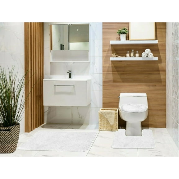Tobin 3 Piece Bathroom Rug Set, Bath Mat, Contour Rug, Toilet Seat Lid Cover, Non-Slip Rubber Back, Floor Mats, Water Absorbent, Low Pile- White
