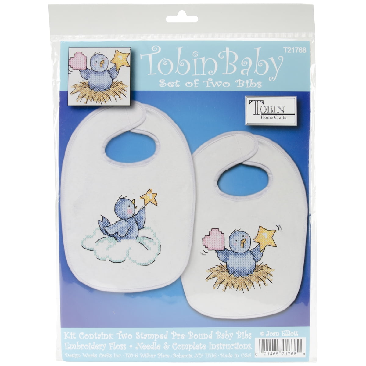 Tobin Birds Stamped for Cross Stitch Baby Bibs Kit, Blue
