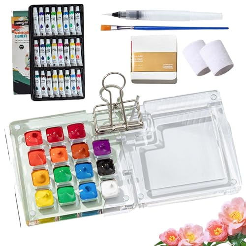 Tobio Watercolor Kit, 2025 New Tobio Mini Watercolor Set with A Picture Book & Wrist Towels, Mini Watercolors Paint Set for Beginners with 12/24 Color Paints (Acrylic-15 Grids)