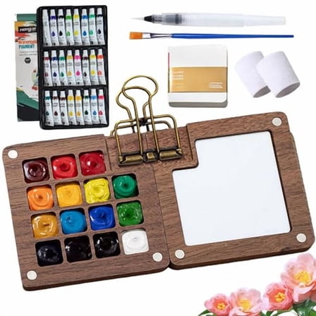Tobio Watercolor Kit, 2025 New Tobio Mini Watercolor Set with A Picture Book & Wrist Towels, Mini Watercolors Paint Set for Beginners with 12/24 Color Paints (Walnut-15 Grids)