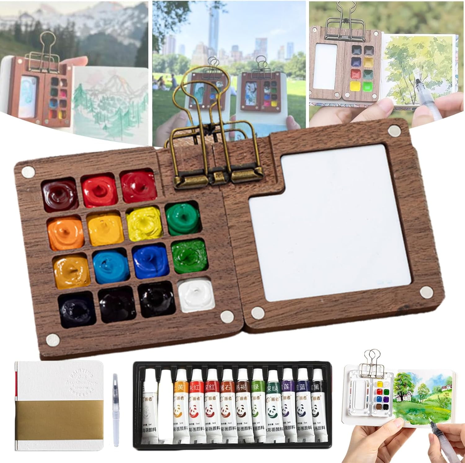 Kit De Voyage Aquarelle De Poche Portable - Mini Ensemble Peinture Avec Palette, Carnet Croquis Et Pinceau, Idéal Cadeau Artiste