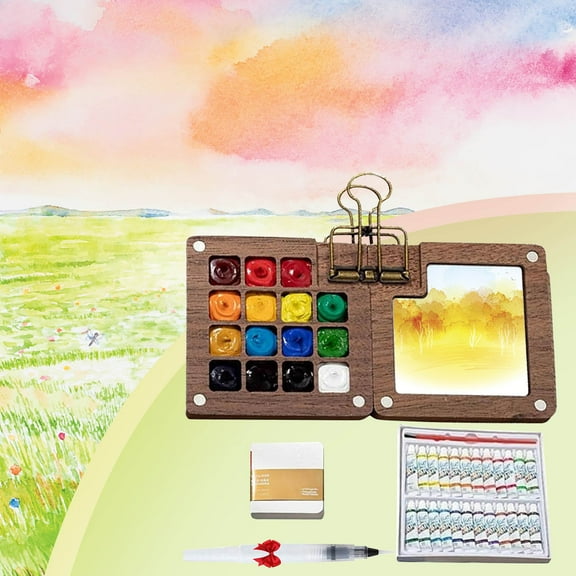 Tobios Watercolor Kit, Tobio Mini Watercolor Set with Picture Book, Travel Water Color Set with 24 Color Paints, Wooden Grid Paint Box for Painters Artists Beginners