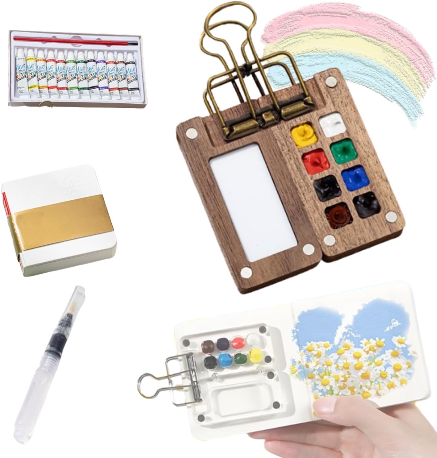 Set D'aquarelle Portable Tobios - Palette 8/15 Couleurs, Carnet De Croquis, Pinceau Eau - Boîte Bois Ou Transparente - 10