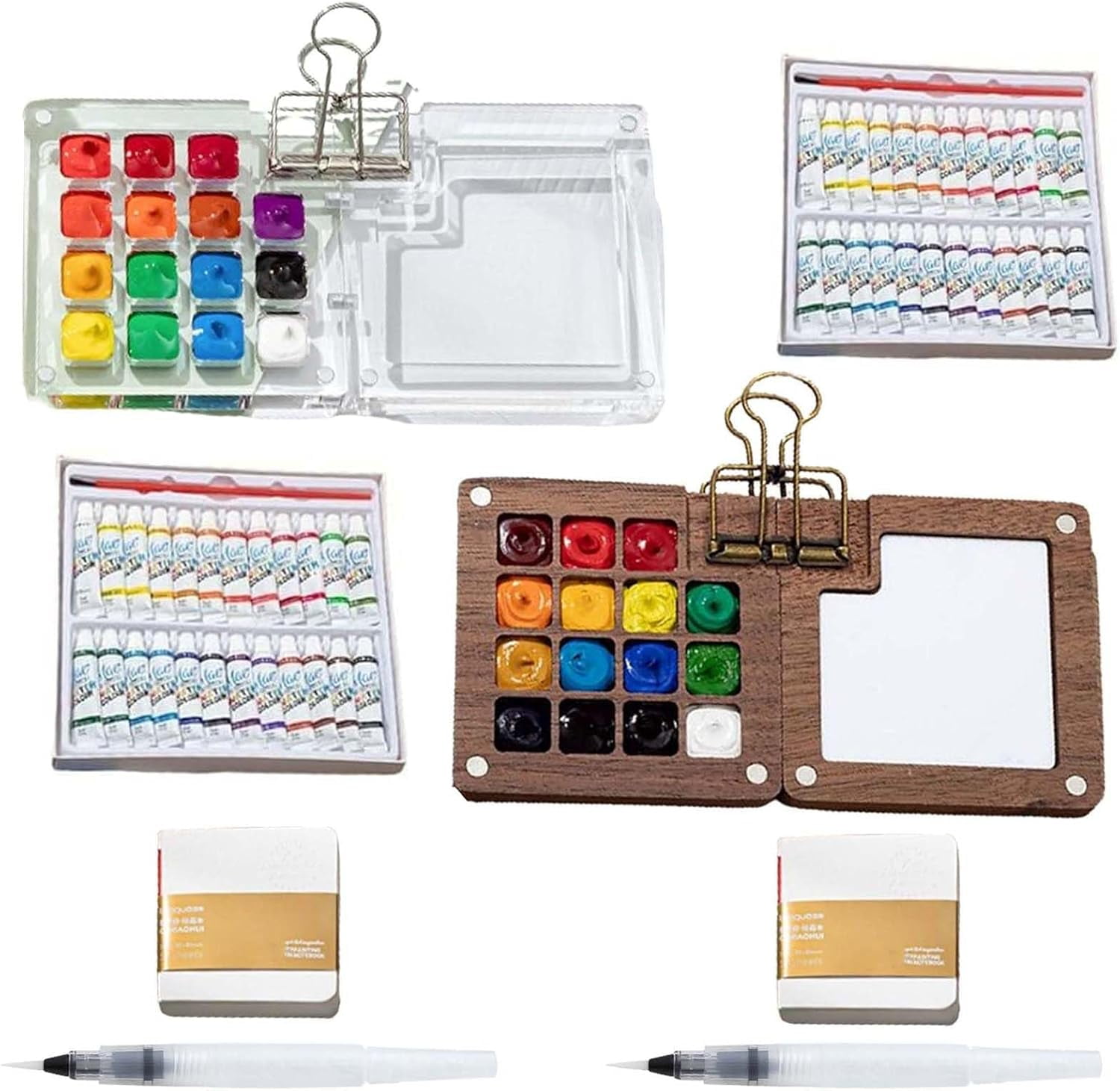 Tobios Watercolor Set, Tobios Mini Watercolor Travel Kit with Picture Book, 2025 New Mini Watercolors Paint Set for Beginners With 12/24 Color Paints (Walnut-15 Grids)