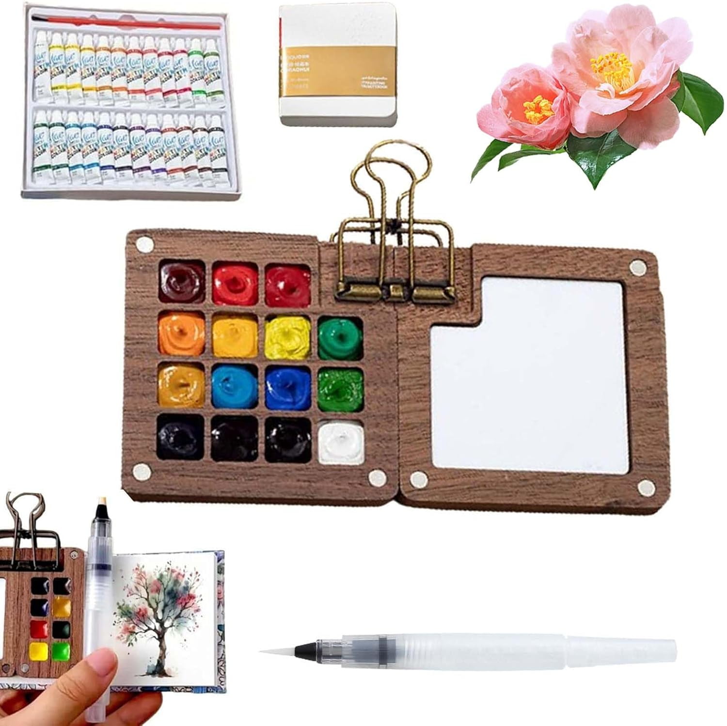 Tobios Watercolor Set, Tobios Mini Watercolor Travel Kit with Picture Book, 2025 New Mini Watercolors Paint Set for Beginners With 12/24 Color Paints (Walnut-15 Grids)
