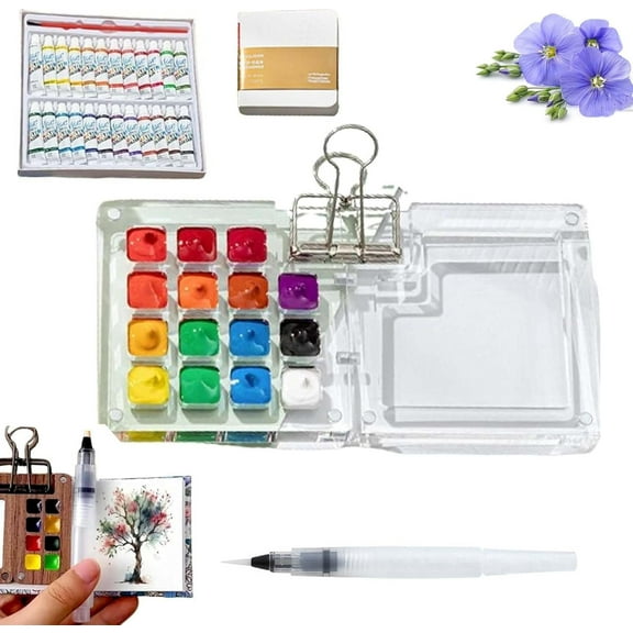Tobios Watercolor Set, Tobios Mini Watercolor Travel Kit with A Picture Book, Mini Watercolors Paint Set for Beginners With 12/24 Color Paints (Walnut-15 Grids)