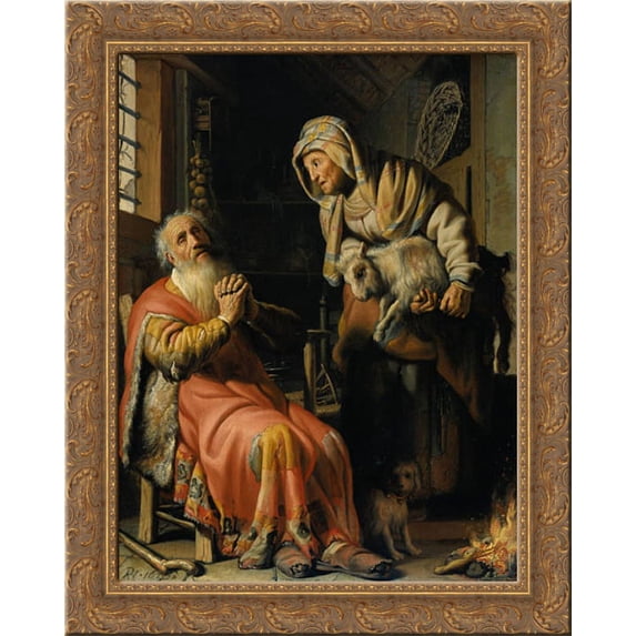 Tobit and Anna with a Kid 20x24 Gold Ornate Wood Framed Canvas Art by Rembrandt