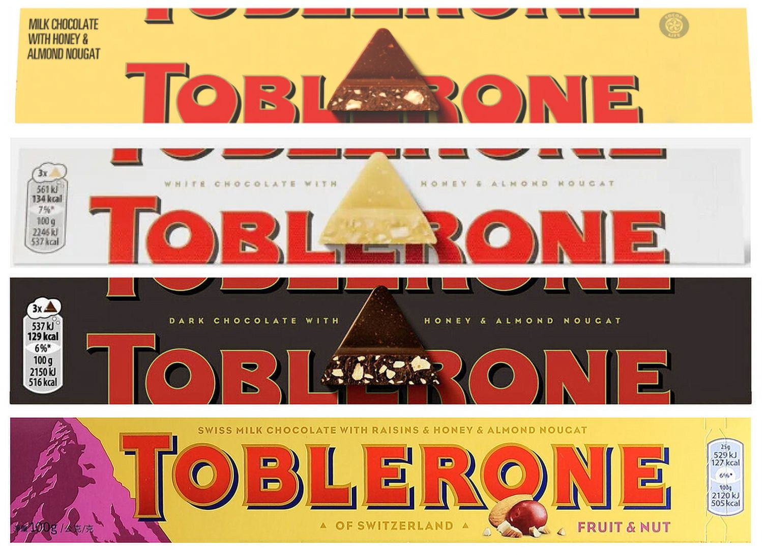 Toblerone Swiss Chocolate Variety Pack, Milk/Dark/White/Fruit&Nuts (4
