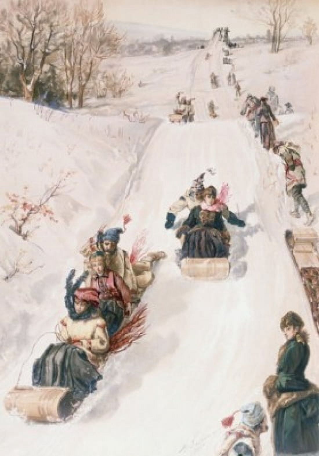 Tobogganing ca 1850 Artist Unknown Lithograph Canvas Art - (24 x 36)