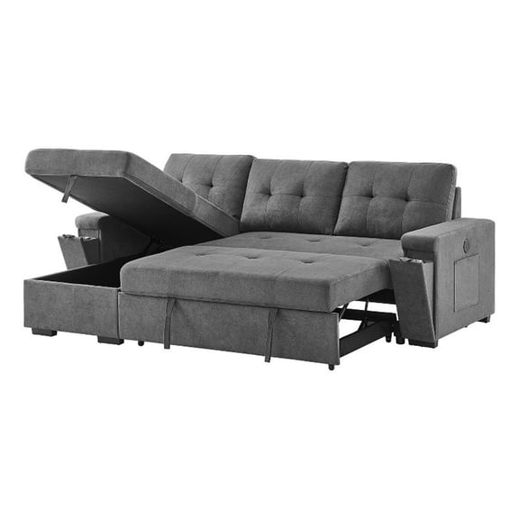 Toby 95"W Gray Fabric Rev.Sleeper Sect.w/Strg Chaise+Pck Coil+Cuphldrs+USB Port