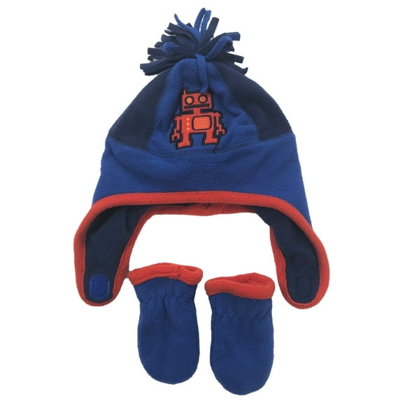 Toby Infant Boys Blue Fleece Robot Trapper Hat & Mittens Set