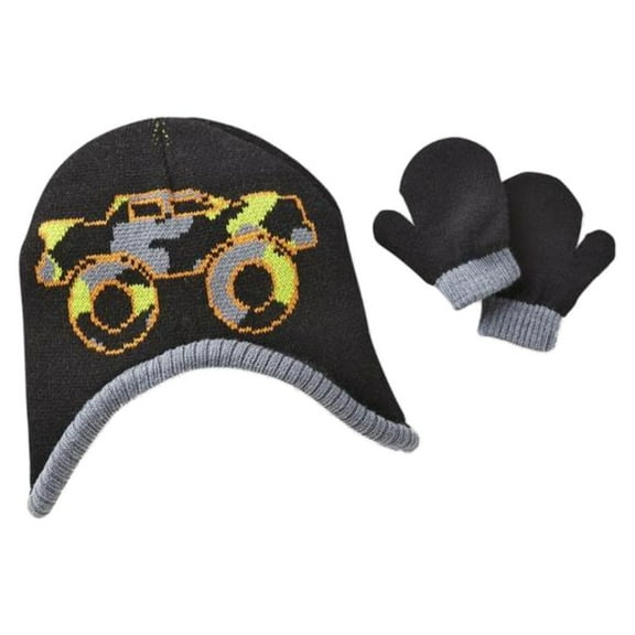 Toby Infant Boys Reversible Black Cammo Monster Truck Trapper Hat & Mittens Set