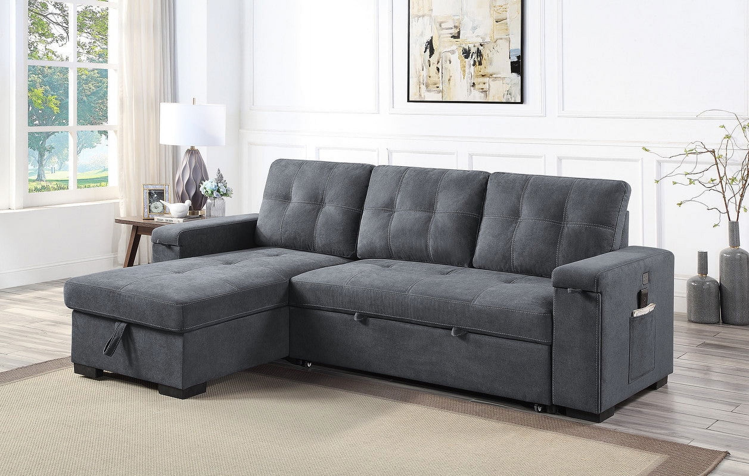 Gray Tufted Fabric Sectional Sofa with Storage and Cup Holder