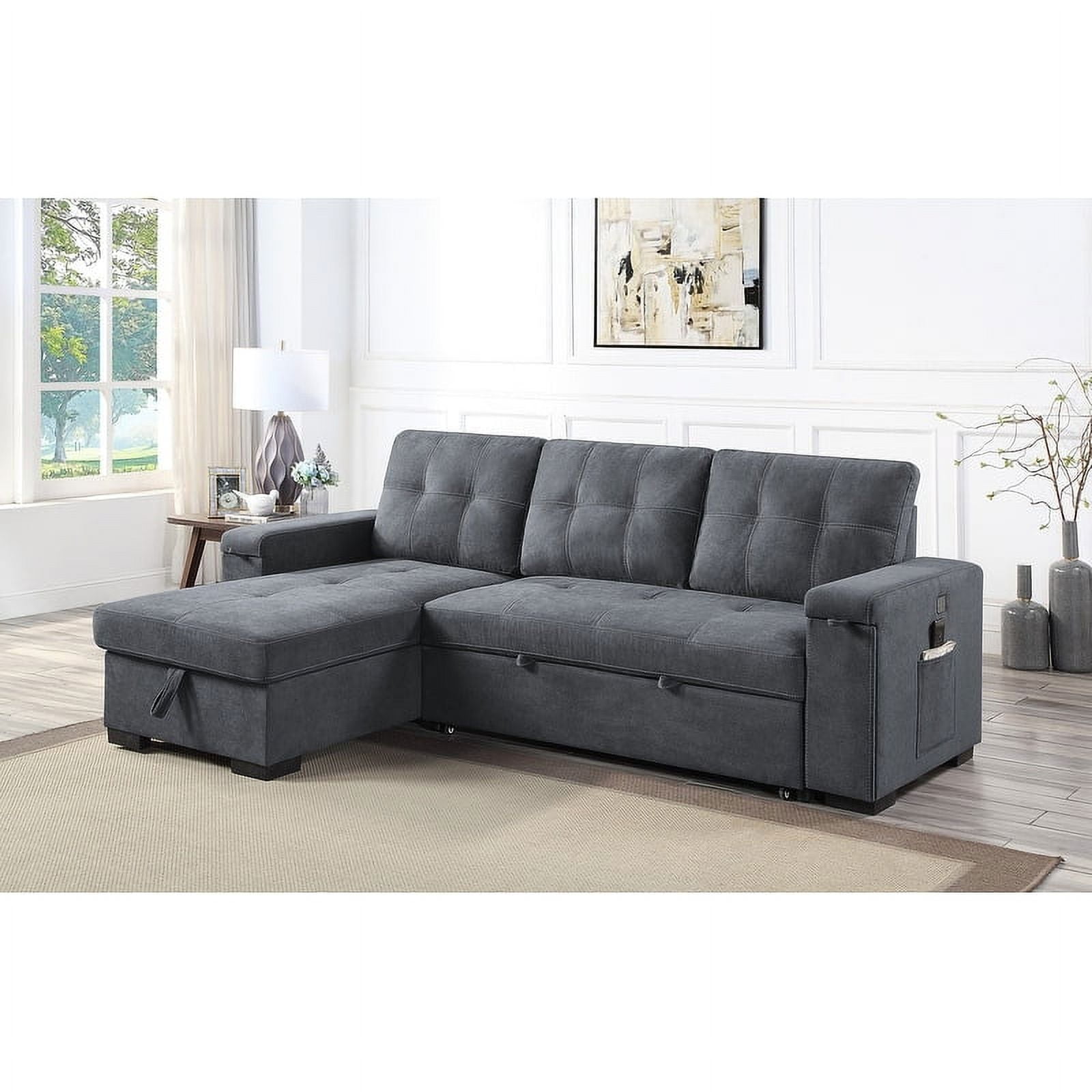 Gray Tufted Fabric Sectional Sofa with Storage and Cup Holder