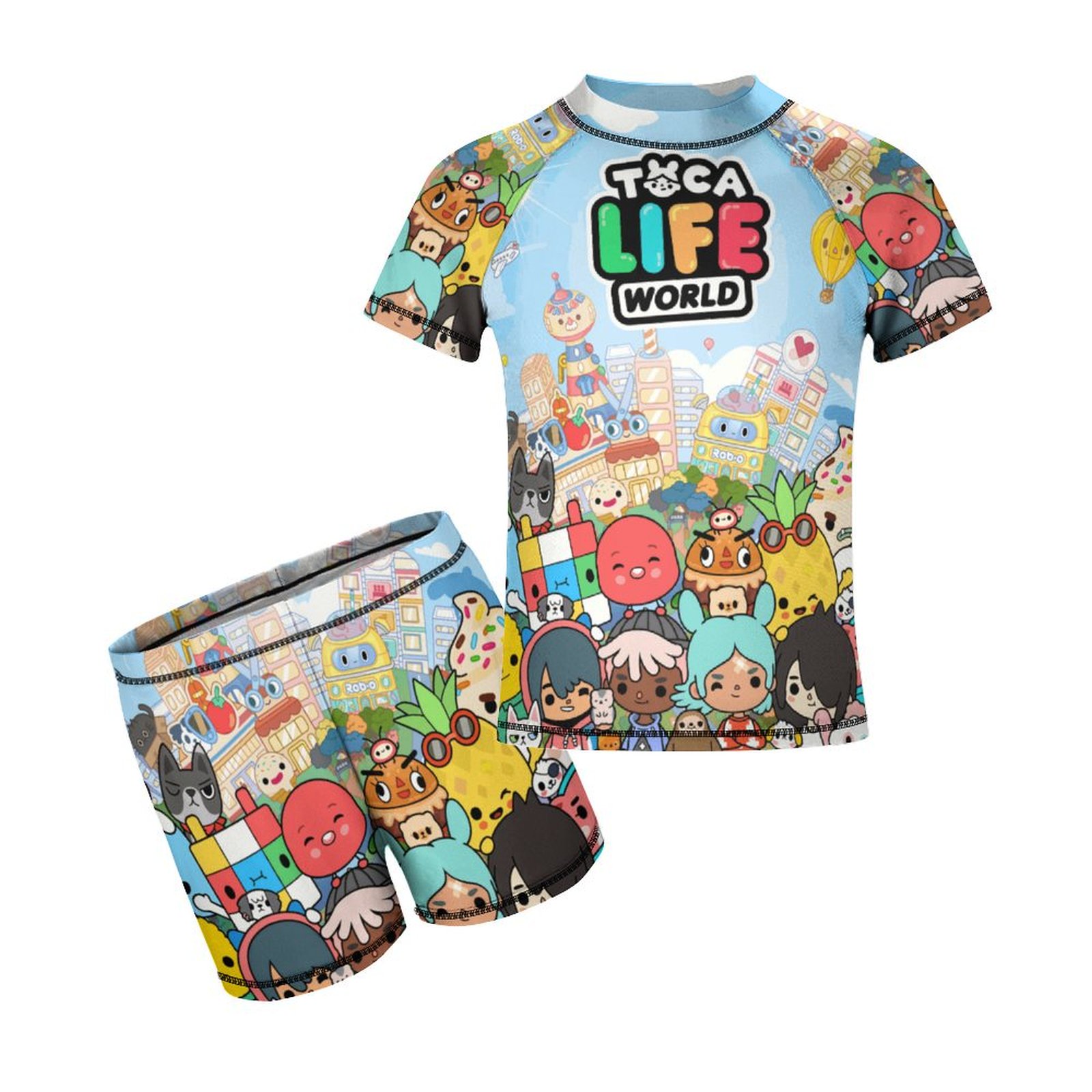 Toca Life World Boys Two Piece Rash Guard Swimsuits Kids Short Sleeve