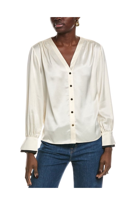 womens  Harmony Double Cuff V- Neck Blouse, 2, White