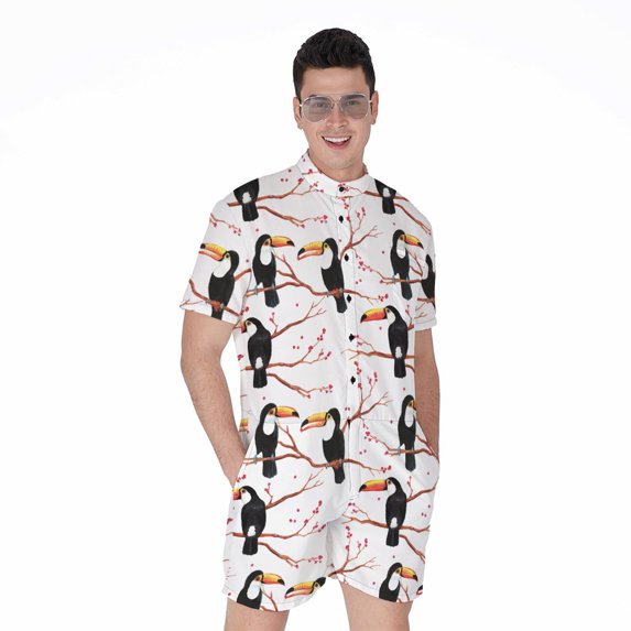 Toco Toucan Pattern Short Sleeve Men'S Rompers, Tropical Floral Hawaiian Toucan Toucan Casual Summer Jumpsuits Outfit