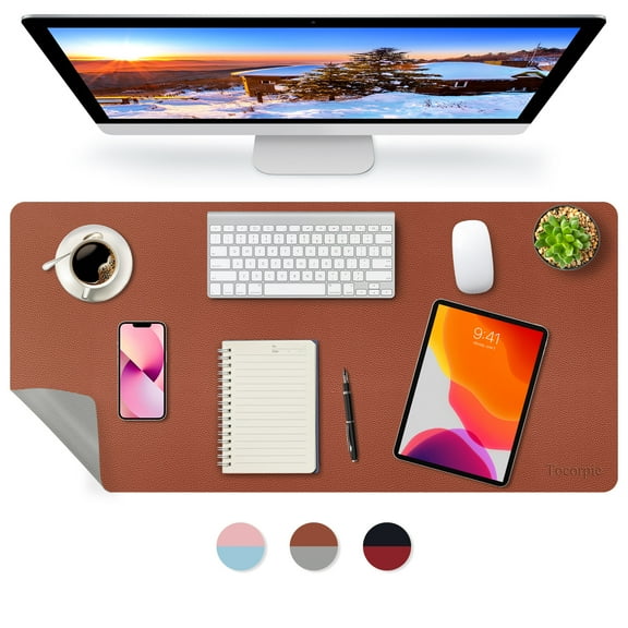 Tocorpie Dual-Sided Desk Pad Large 31x15in Waterproof PU Leather Desk Mat Mouse Pad Keyboard Mat Brown