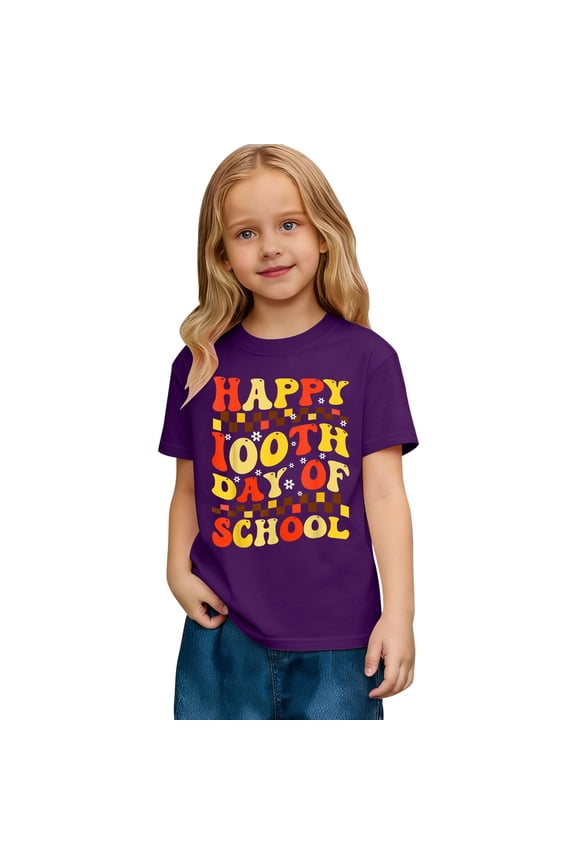 Tod`dler 100 Day of School Shirts for B`oys K`id G`rils My Happy 100th Day of School T-Shirt Cotton Funny Design Tops 2-13Y