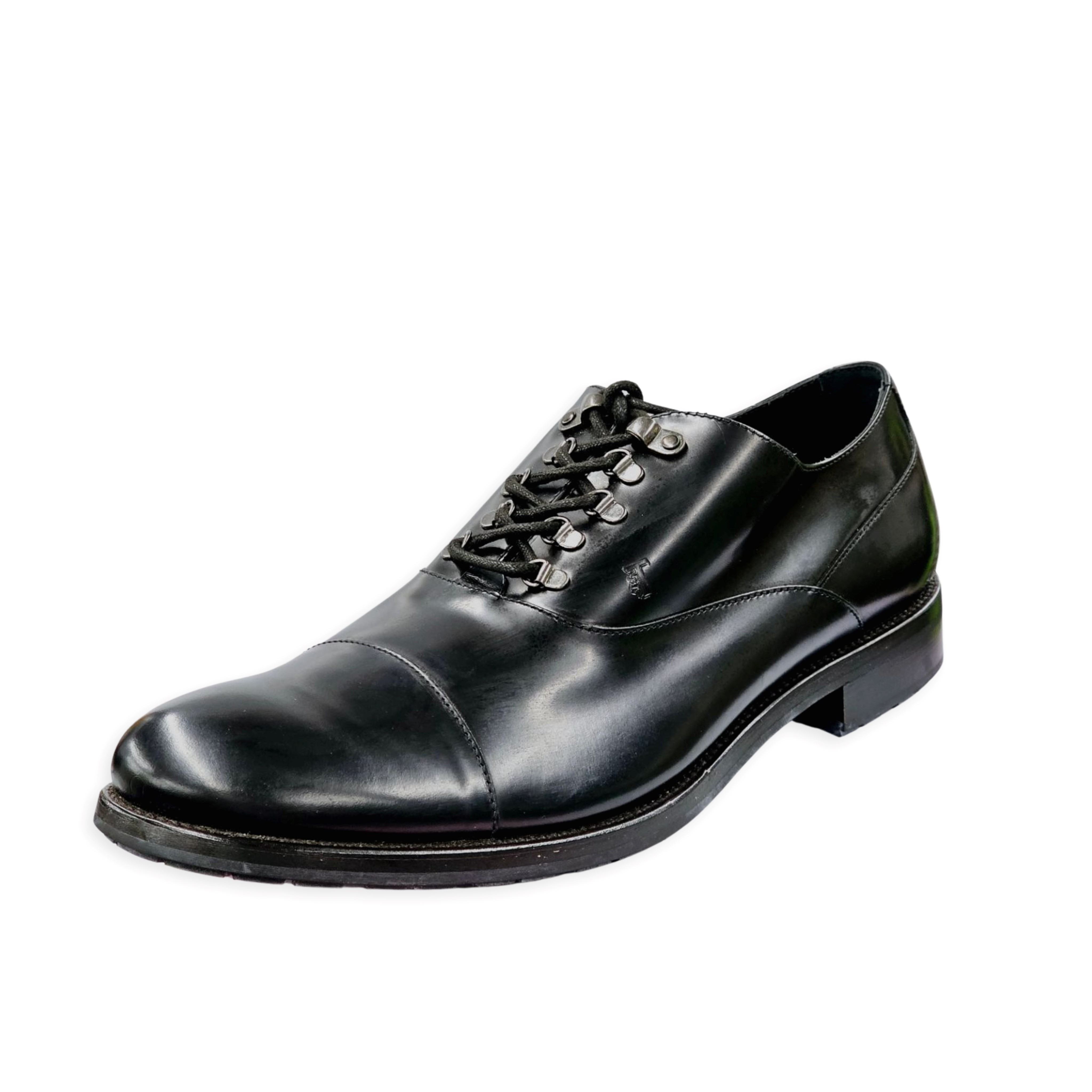MEN\'S TOD\'S WINGTIP DERBY SHOES IN BLACK LEATHER Size 12.5 Tods Polished Leather Lace-Up Wingtip Derby Shoes Black  main image 2