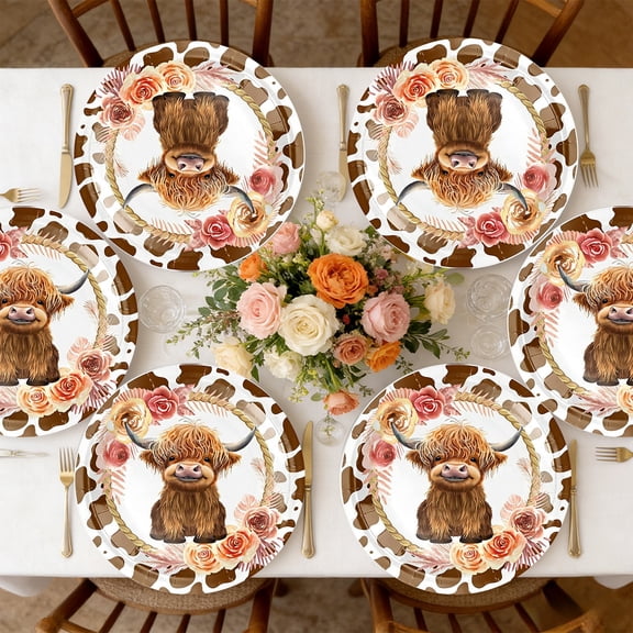 Todaioua 10 Pcs Highland Cow Birthday Party Decoration for Brown Cow Paper Plates Highland Cattle Dessert Cake Dinnerware Table Supplies for Western Farm Animals Baby Shower Party Favors