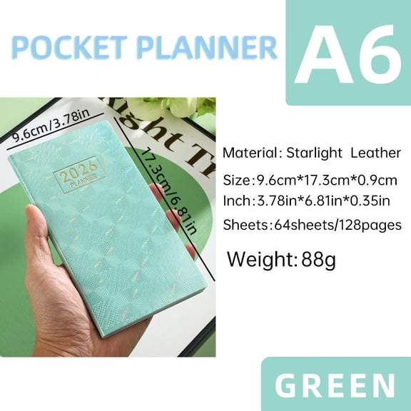 Todaioua 2026 Pocket Planner A6 Mini Weekly Planners 3.78" x 6.8" Green Starlight Leather 2026 Pocket Notepad Daily Schedule Calendar Planner, 128 Pages