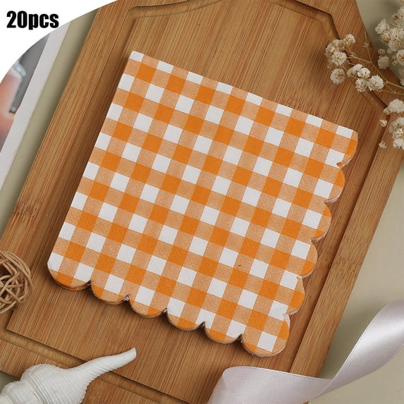 Todaioua 20PCS Orange Scalloped Gingham Paper Napkins - Orange and White Striped Luncheon Napkin, Checkered Dessert Napkins, Disposable Decorations Supplies for Birthday Baby Shower Wedding Party