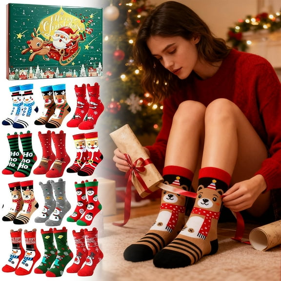 Todaioua 24-Day Christmas Sock Advent Calendar with 12 Pairs of Festive Long Cotton Crew Socks - Holiday Countdown Gift Set in Reusable Drawer Box, Xmas Stocking Stuffers for Family and Friends