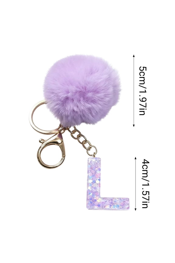 26 Letter Purple Pom Pom Initial Keychain - Faux Fur Ball Alphabet Key Ring with Glitter Acrylic Charm, Backpack Keychain Gift for Purse Handbags Mobile Phone