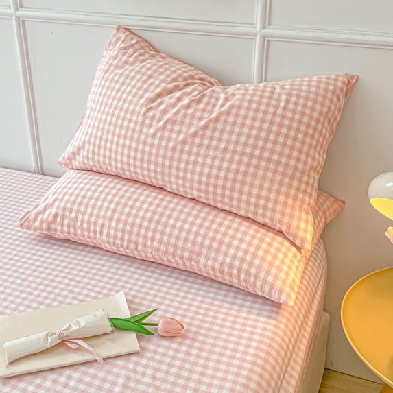Todaioua 2Pcs Pillowcases, Pink Plaid Standard Size Washed Cottons Geometric Checker Bedding Teens Grid White Gingham Pattern College Bedding