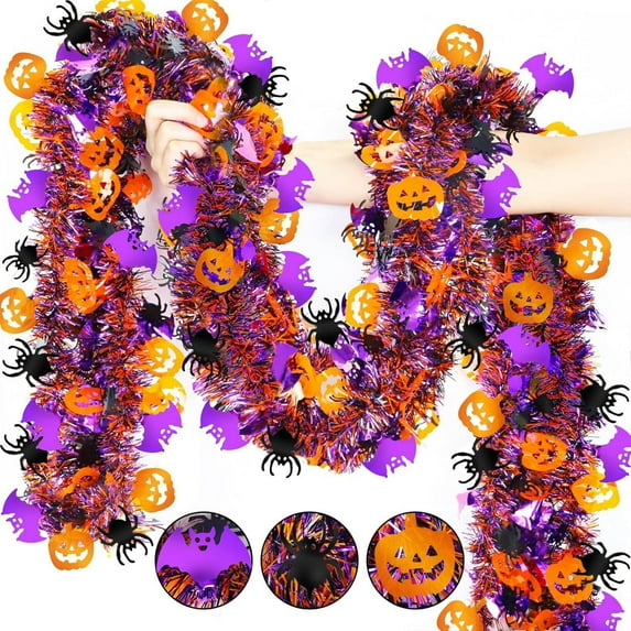 Todaioua 6.6FT Fall Garland - Orange Pumpkin Metallic Tinsel with Accents, Shiny Twist Decor for Tree Indoor Outdoor