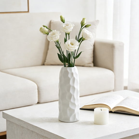 Todaioua 7.9 Inch White Ceramic vase, Geometric Simplicity Modern Decoration Matte Texture Rural Style Pampas Grass Creative vase, Wedding, Party, Dining Room Family Decoration(White)