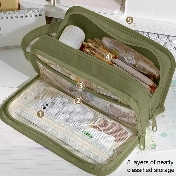 Todaioua Big Capacity Pencil Case 5 Compartments Large Pencil Pouch Pen Bag Pencil Box Holder Organizer Simple Storage Aesthetic Stationery Cosmetic for Adults Men Women Office Essentials