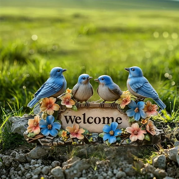 Todaioua Blue Bird Welcome Sign Figurines and Bird on Stone with Flowers Decorative Figurine, 2D Acrylic Floor Decoration for Gifts for Bird Lovers Indoor/Outdoor Garden Bird Statue,12x8.7 Inch