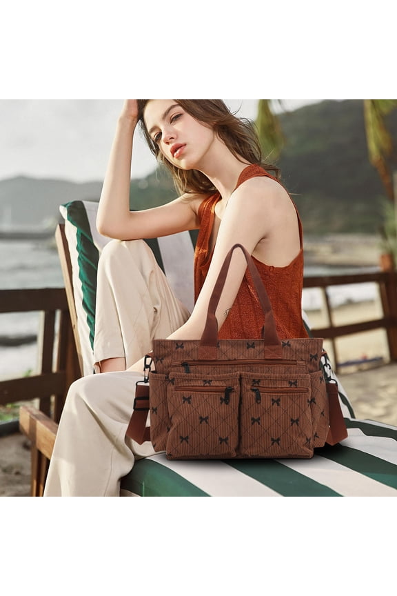 Bow Tote Bag Plaid Shoulder Bag Casual Large Capacity Crossbody Bag for Women Girls Shopping Beach Gym Work Travel Lightweight Durable Corduroy Fabric Handbag with Shoe Compartment