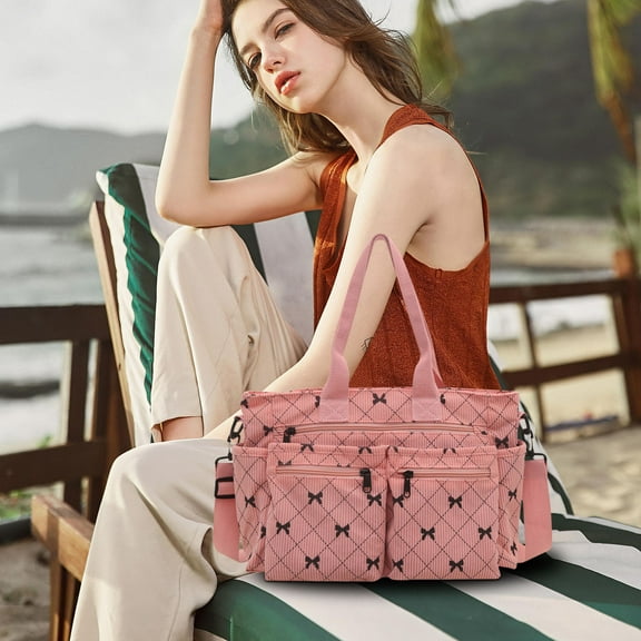 Todaioua Bow Tote Bag Plaid Shoulder Bag Casual Large Capacity Crossbody Bag for Women Girls Shopping Beach Gym Work Travel Lightweight Durable Corduroy Fabric Handbag with Shoe Compartment