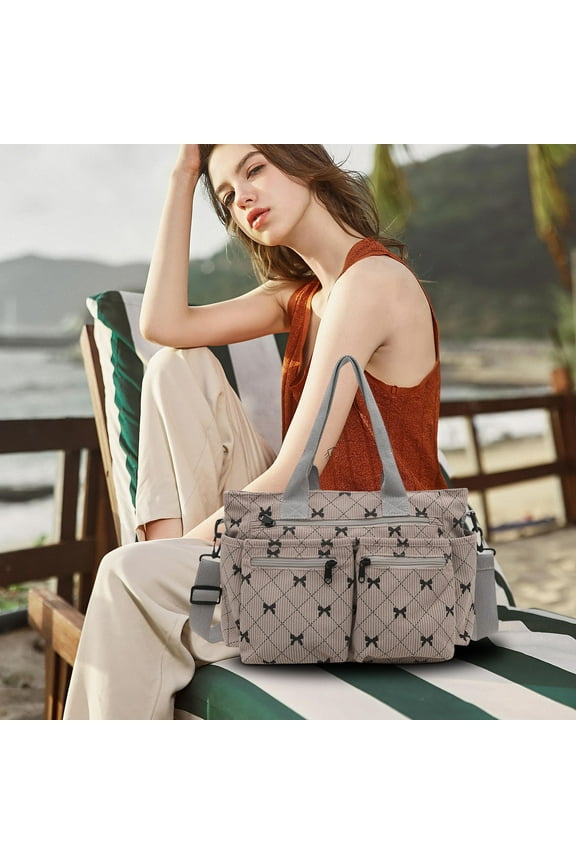 Bow Tote Bag Plaid Shoulder Bag Casual Large Capacity Crossbody Bag for Women Girls Shopping Beach Gym Work Travel Lightweight Durable Corduroy Fabric Handbag with Shoe Compartment